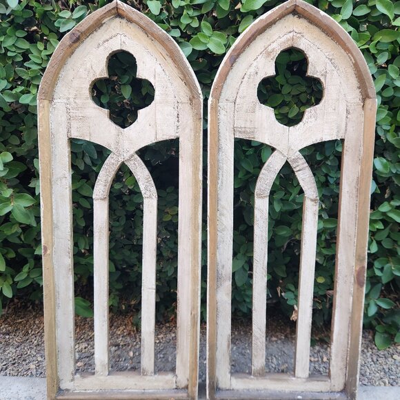 Arch Wood Cathedral Window Rustic, Distress White Camptito Set of 2, 32.5" H - Picture 1 of 4